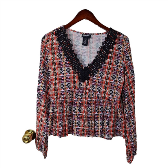 Wrangler Tops - Wrangler Geometric Multicolor Patterned Black Lace V-neck Long Sleeve Top Smal